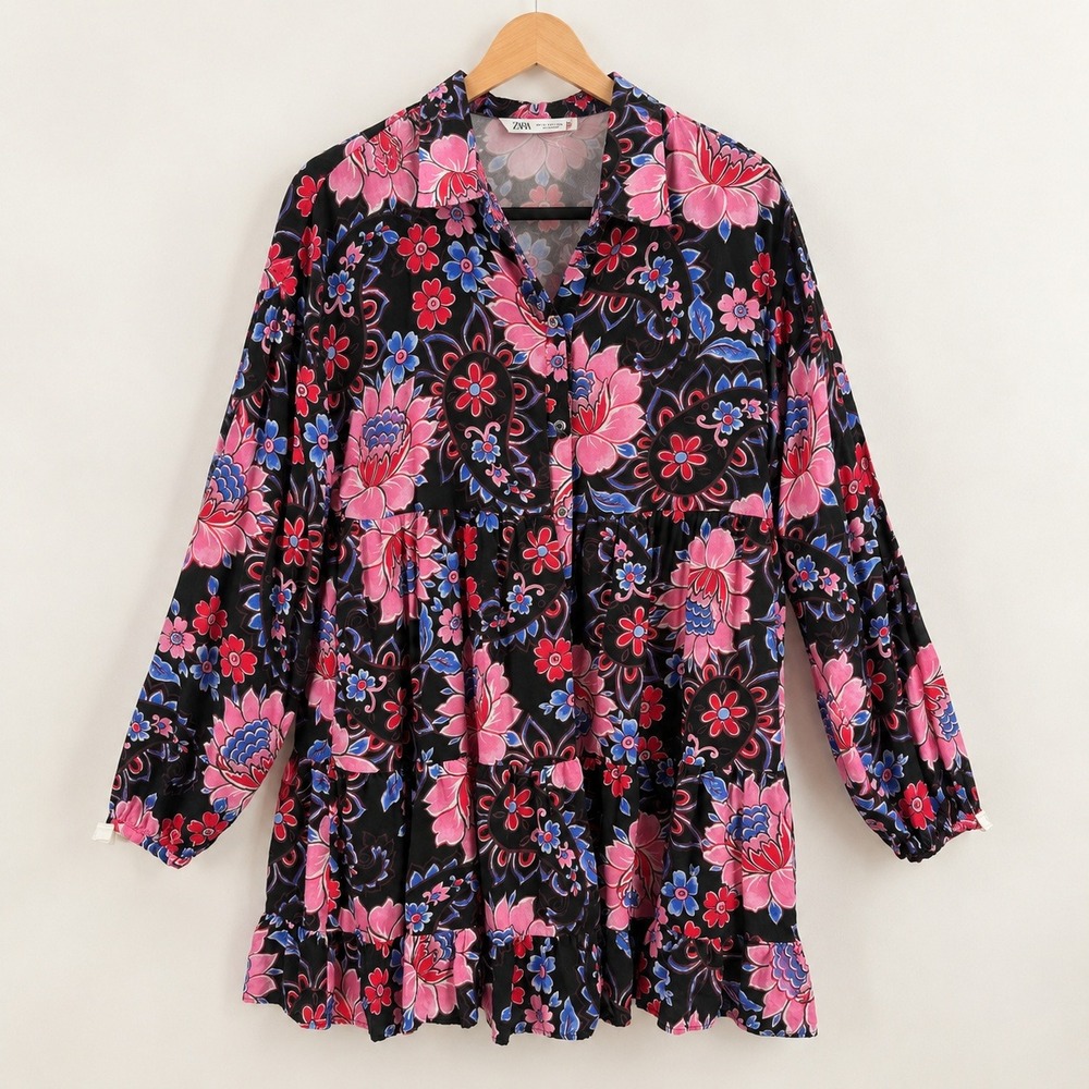 Zara Boho Floral Paisley Tiered Mini Dress Women M Cottagecore Indie Folk Retro